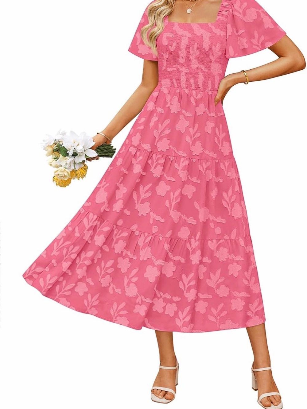 Pink Floral Square-Neck Midi Dress